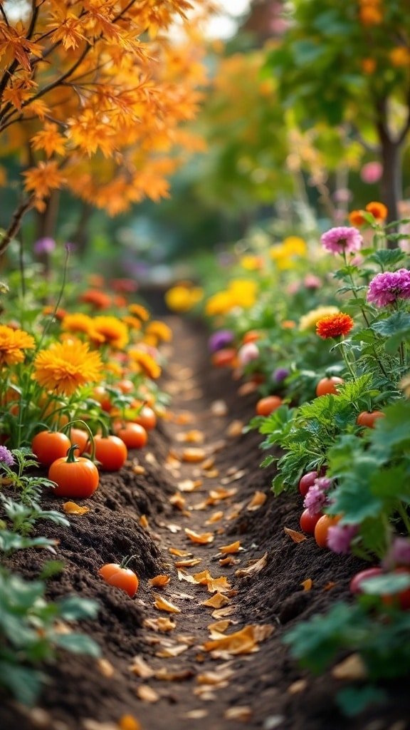 A beautiful no dig garden pathway with pumpkins and colorful flowers surrounded by autumn leaves.