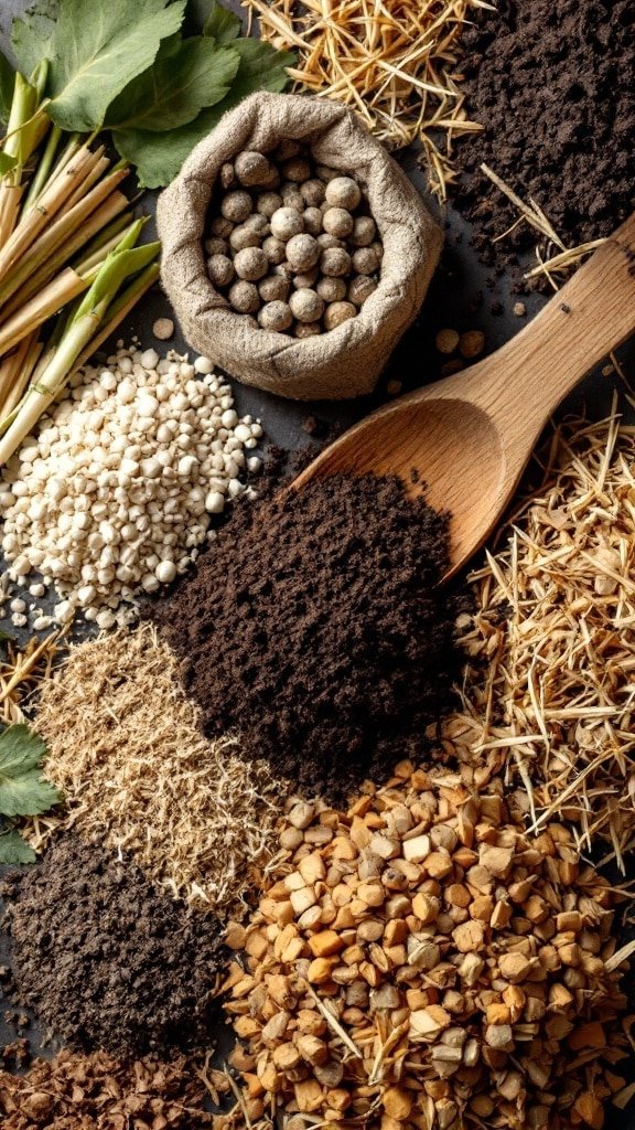 A variety of gardening materials including soil, straw, and wood chips arranged on a surface.