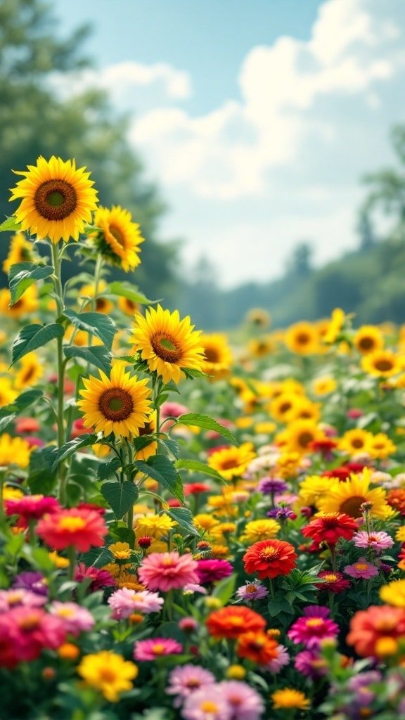 A vibrant flower bed featuring sunflowers and zinnias in bloom under a sunny sky.