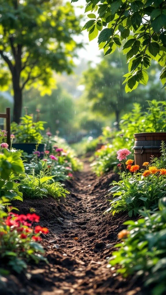 A no dig garden path lined with colorful flowers and rich soil, showcasing sustainable gardening practices.
