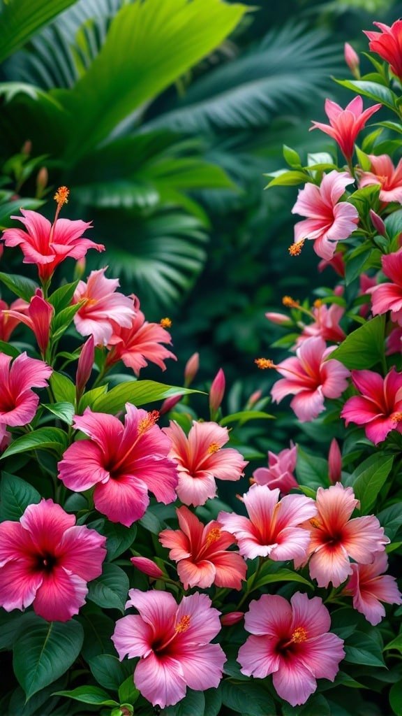 A vibrant arrangement of pink and red hibiscus flowers surrounded by lush green leaves.