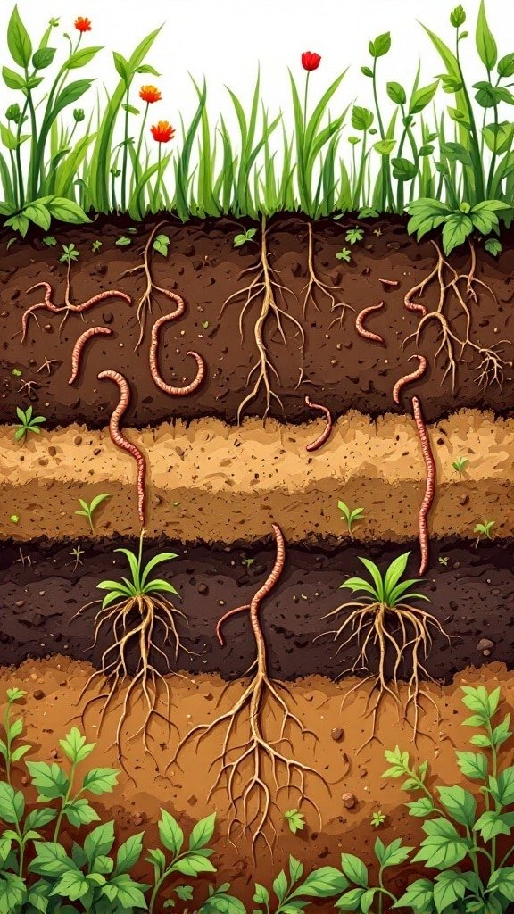 Illustration of soil layers showing plants, roots, and worms, highlighting the concept of no dig gardening.