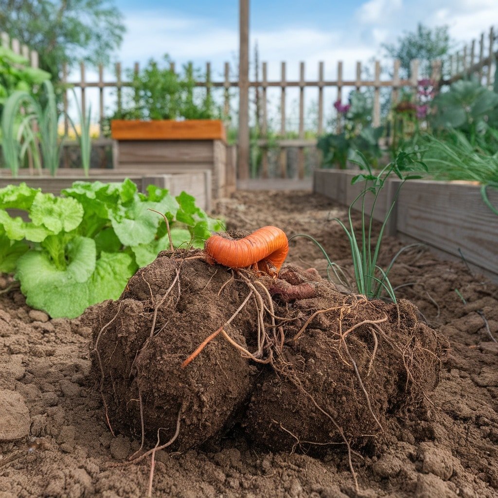 Rich soil with roots and a worm in a garden setting