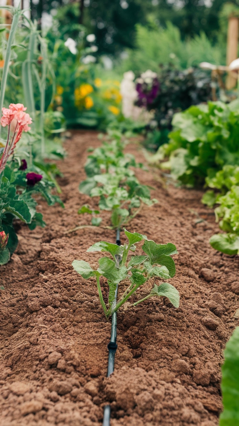 Drip irrigation system in a garden with young plants and soil