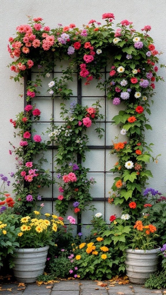 A vertical garden with colorful flowers climbing a trellis and potted plants below.