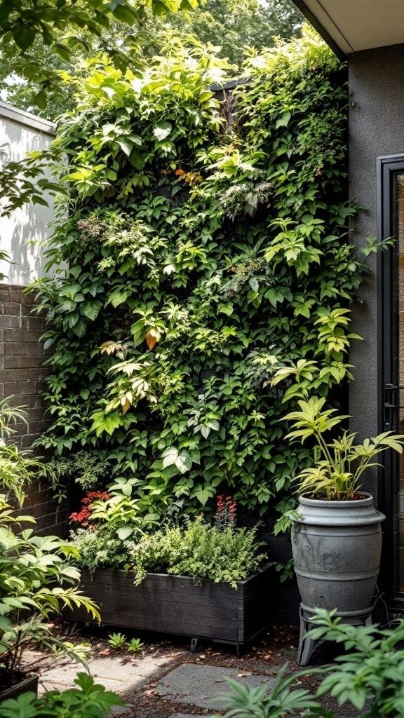 A lush green vertical garden against a dark wall with planters at the base.