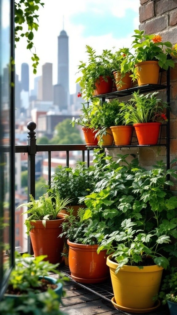 A vibrant vertical herb garden on a balcony with colorful pots and a city skyline in the background.