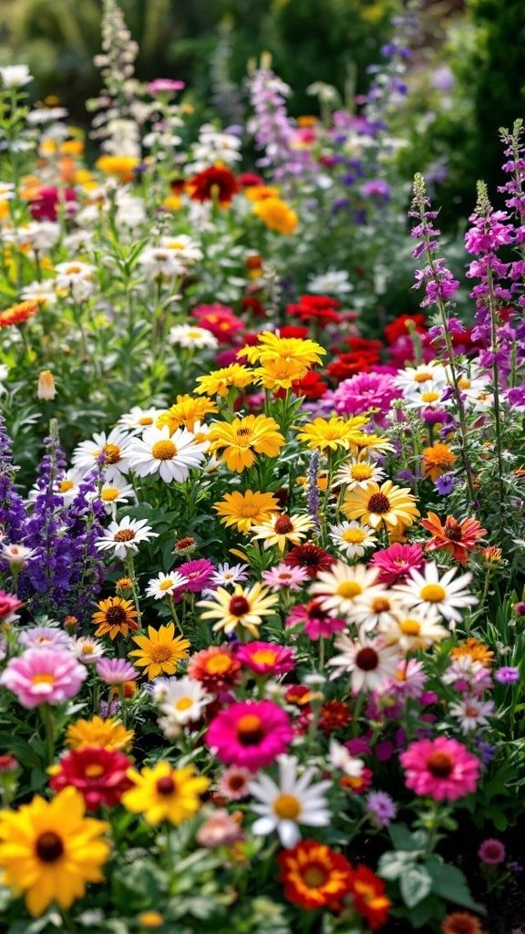 A colorful flower bed featuring a mix of vibrant annuals and perennials in bloom.