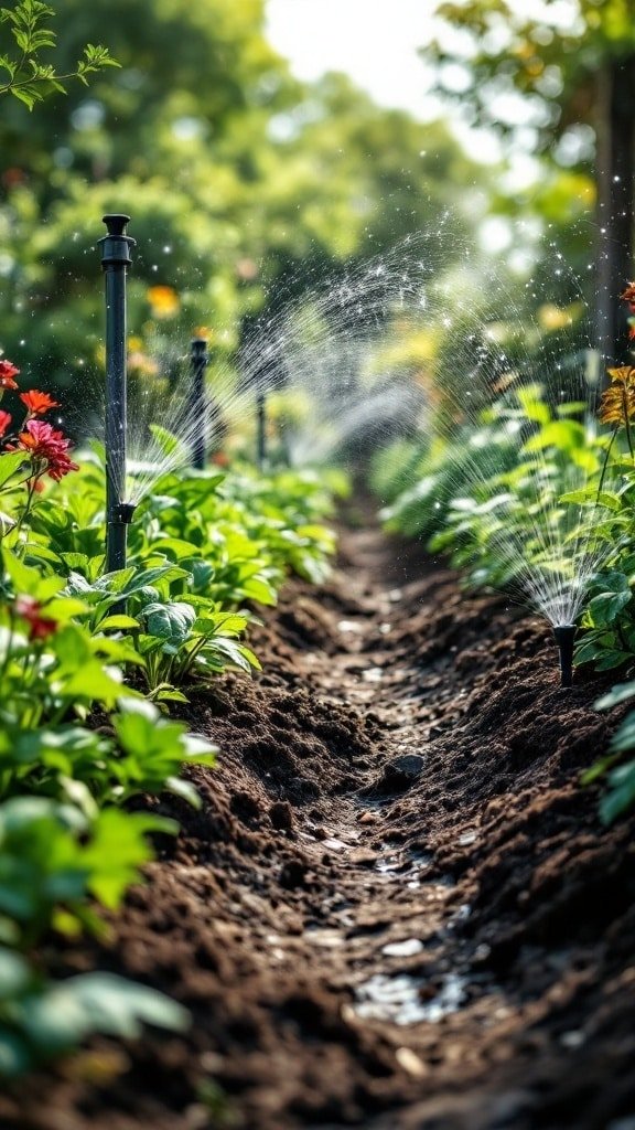 Sprinklers watering plants in a garden