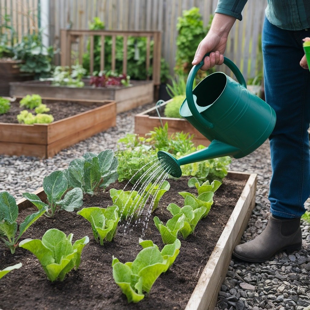 A gardener watering vibrant green plants in a raised bed garden.