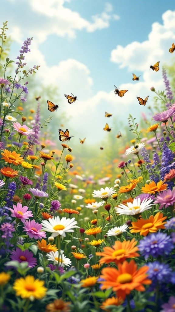 A vibrant wildflower garden filled with various colorful flowers and butterflies