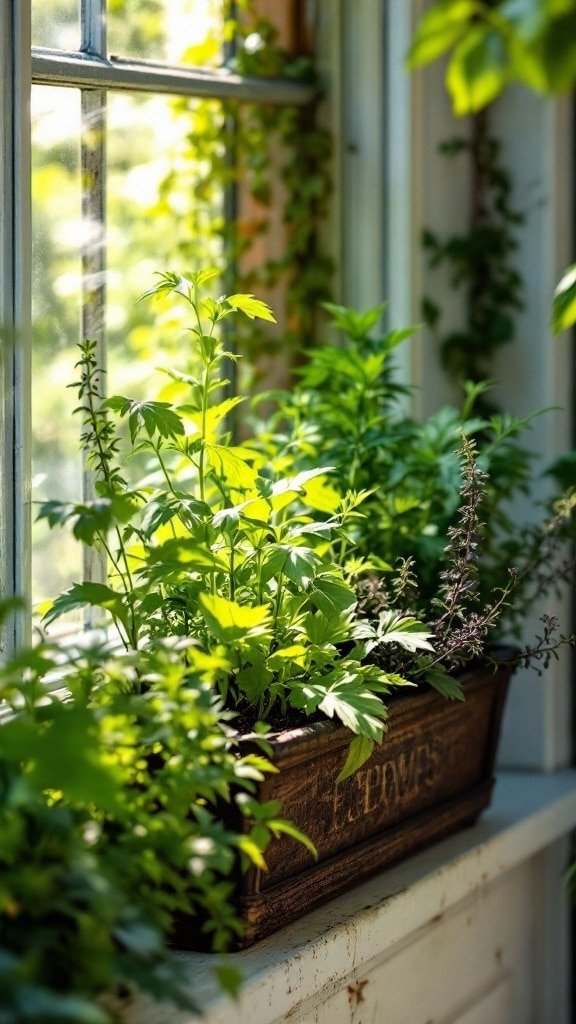 A window box filled with vibrant green herbs by a sunny window.