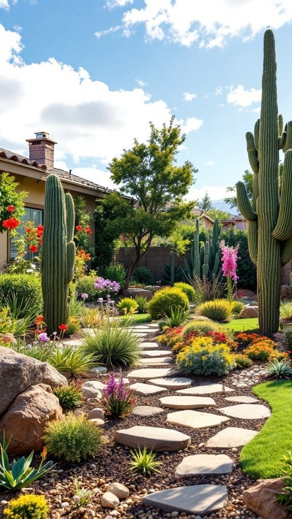 A xeriscaped front yard featuring cacti, colorful flowers, and a stone pathway under a clear blue sky.