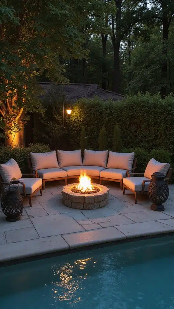 19 Luxury Pool Landscape Designs That Will Make Your Backyard Look Like a Resort! - 13. Cozy Fire Pit Area