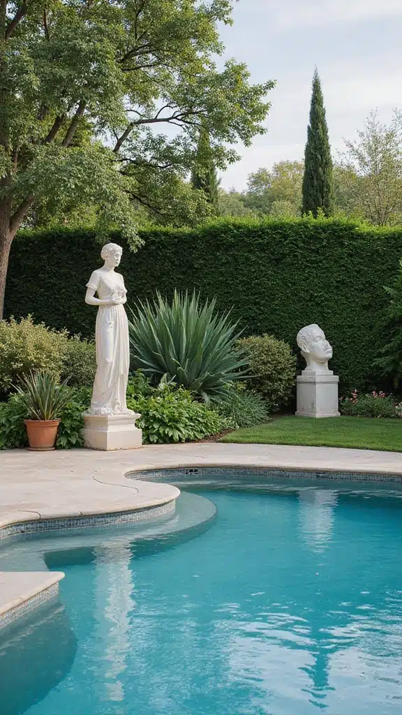 19 Luxury Pool Landscape Designs That Will Make Your Backyard Look Like a Resort! - 14. Outdoor Art and Sculpture