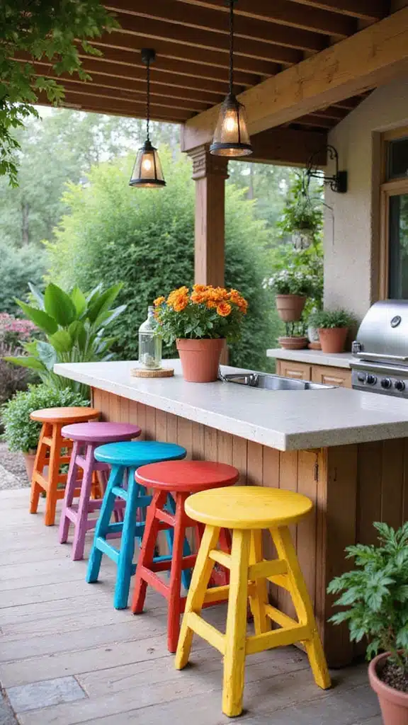 21 Stunning Outdoor Kitchens You’ll Want in Your Backyard - 20. Colorful Accents and Decor