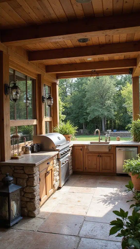 21 Stunning Outdoor Kitchens You’ll Want in Your Backyard - 1. Rustic Charm with Wooden Accents