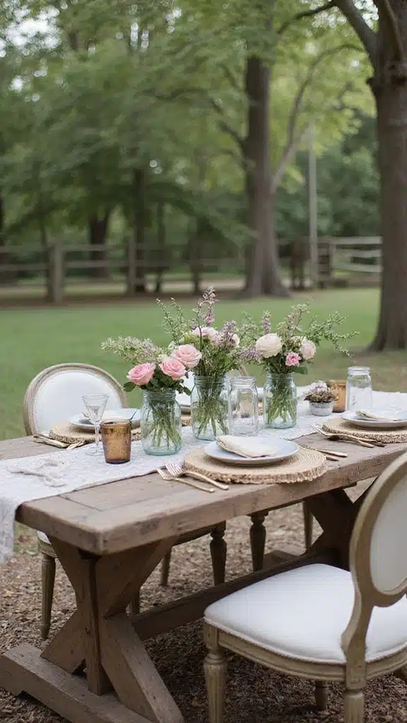 18 Outdoor Dining Spaces That Feel Like a Resort (You’ll Never Want to Leave Home!) - 12. Rustic Chic with Mason Jars