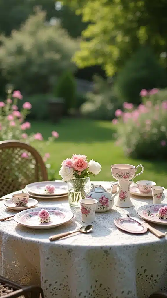 18 Outdoor Dining Spaces That Feel Like a Resort (You’ll Never Want to Leave Home!) - 14. Vintage Tea Party