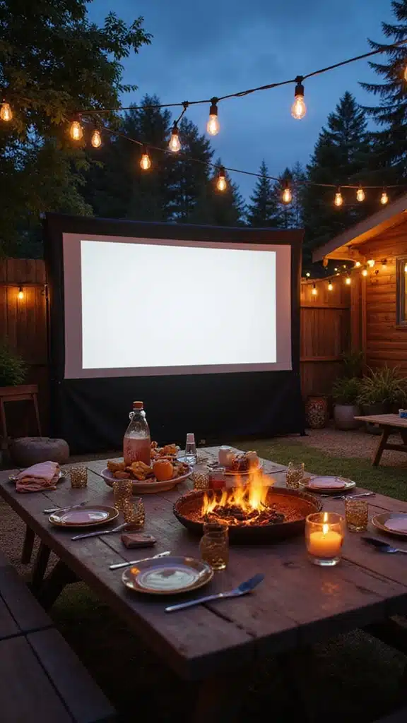 18 Outdoor Dining Spaces That Feel Like a Resort (You’ll Never Want to Leave Home!) - 16. Outdoor Movie Night Dinner