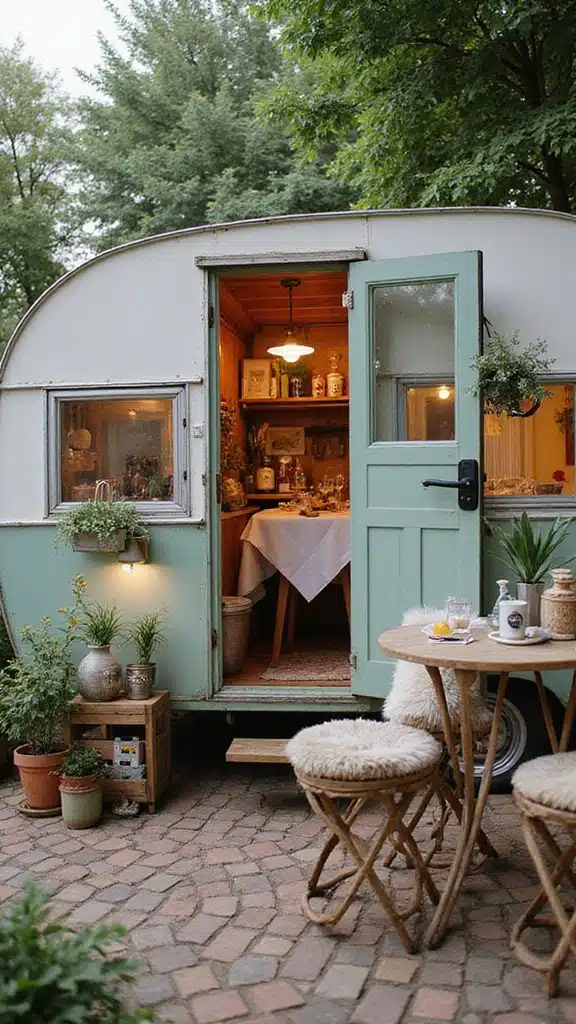 18 Outdoor Dining Spaces That Feel Like a Resort (You’ll Never Want to Leave Home!) - 17. Vintage Caravan Dining